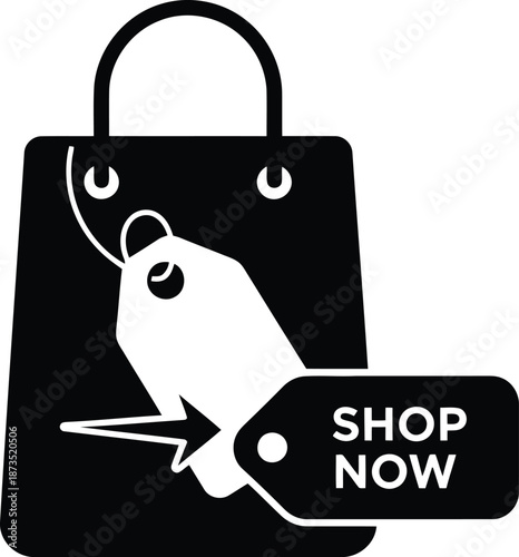 Shopping bag with tag and shop now button e commerce retail consumerism sale promotion vector illustration vector
