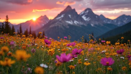 Wildflower field blooms during sunset at mountain range. Scenic landscape features colourful flowers in meadow. Mountains rise against orange sky. Nature photo shows vibrant flora and sunset scene.