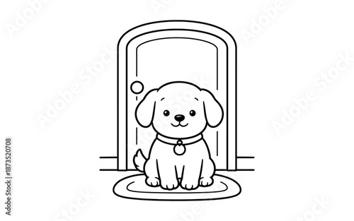 Cute cartoon puppy sitting patiently by the door, waiting to be let in