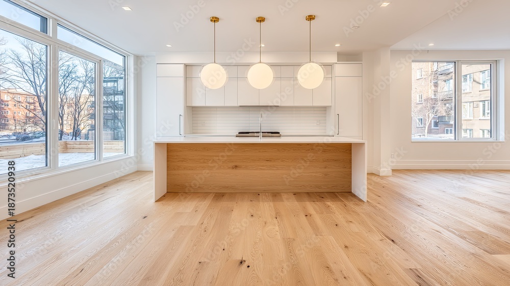 Obraz premium Bright and airy kitchen with light oak flooring.
