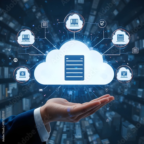 “Businessman Holding Futuristic Cloud Computing Interface with Connected Digital Icons, Cloud Data Storage, Online Services, Network Security, SaaS Technology, Big Data Analytics and Enterprise Cloud 