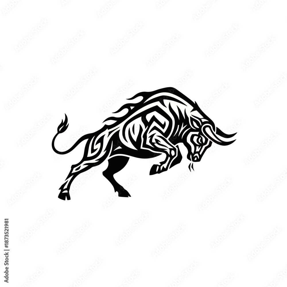 Fototapeta premium Black and white tribal style illustration of a powerful charging bull with intricate patterns.