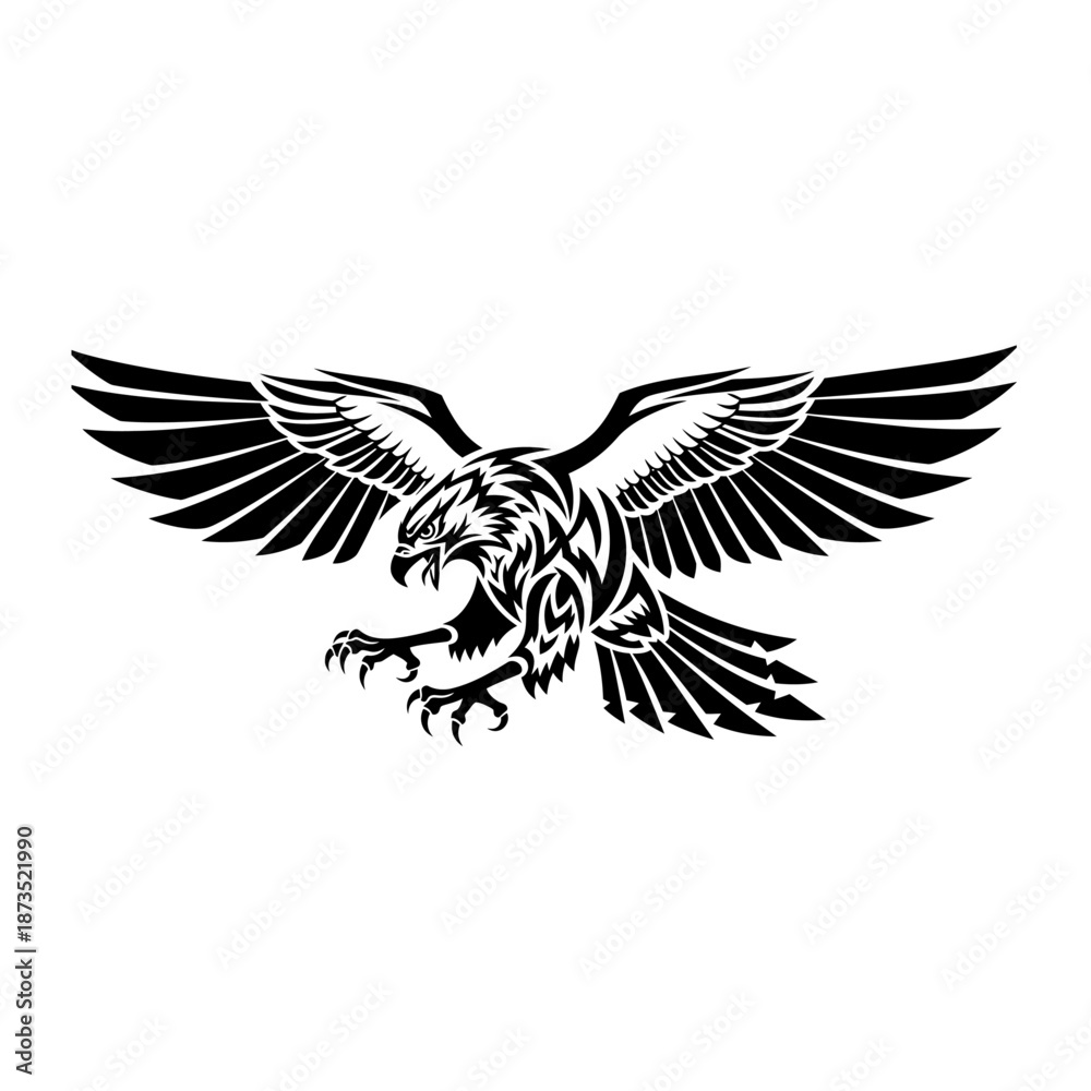 Fototapeta premium A striking black and white tribal tattoo design of a fierce eagle in flight.