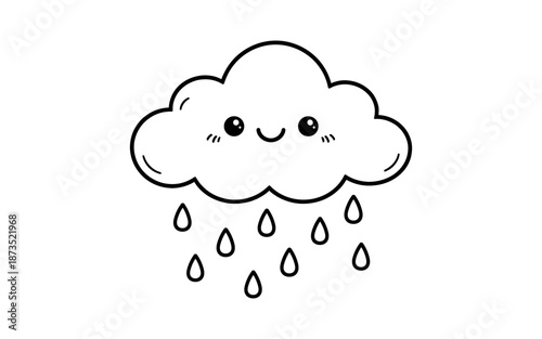 Cute cartoon cloud raining with a happy face, simple line art illustration