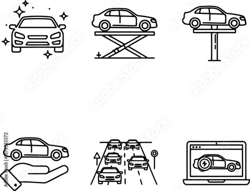 Automotive service icons set clean car lift transportation digital tech hand car care vector