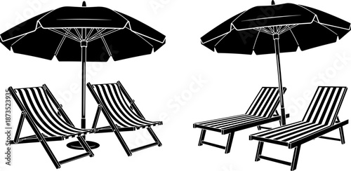 Beach sunbed and umbrella silhouettes set, seaside lounge chairs for summer relaxation, black vector illustration for vacation, resort, travel, leisure concepts
