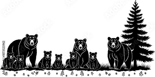 Bear family silhouettes in forest landscape, mother bears with cubs near pine tree, wildlife nature scene, black vector illustration isolated on white background