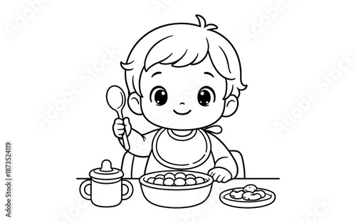 Cute baby boy with spoon and bowl of food ready to eat