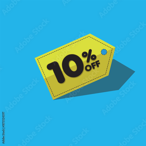 10% Off Discount Tag: A vibrant yellow price tag boldly displays a 10% discount, a compelling invitation to explore savings. The tag, a symbol of value, pops against a clean backdrop.