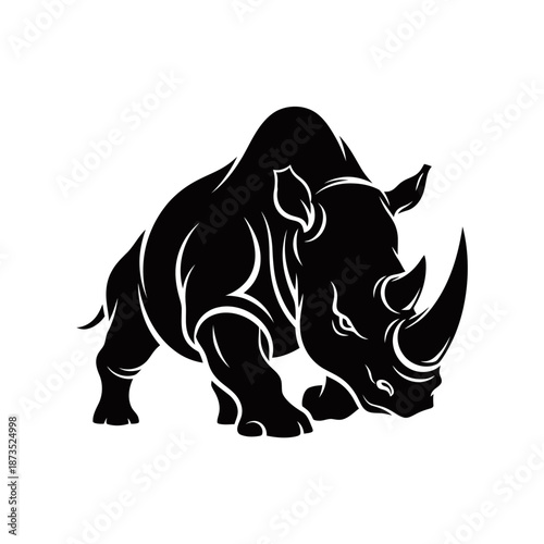 A black silhouette of a rhinoceros with its head lowered and a determined expression.
