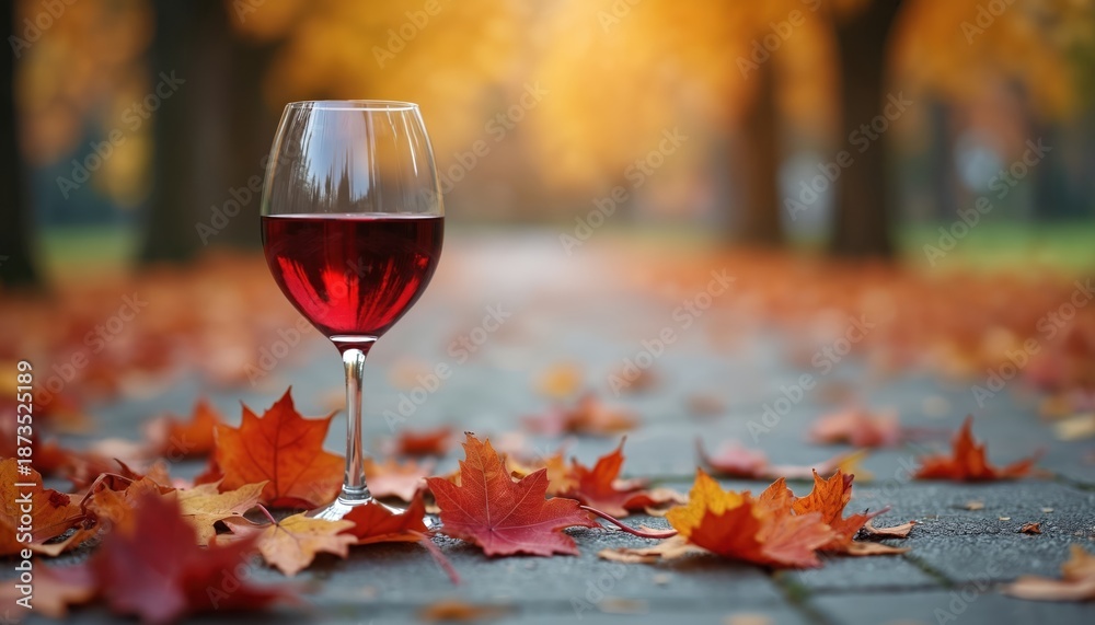 Fototapeta premium Glass of red wine stands among fallen autumn leaves. Warm colors convey fall feelings. Romantic scene is ideal for seasonal celebrations or toasting important holiday with wine.