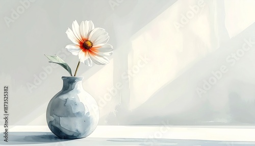 Elegant hand-painted watercolor painting of a lonely white flower in a ceramic vase reflecting calm and thankful mood.