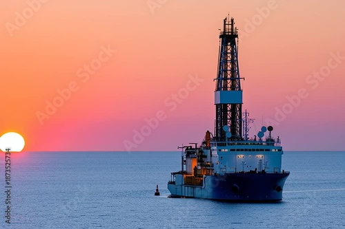 An offshore drilling rig on sunset, industrial operations at the ocean, maritime engineering. The sun dips below the horizon. 