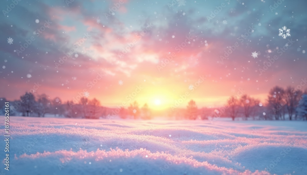 Obraz premium Winter scene at sunset. Snow covered field with trees and a colorful sky. Flakes gently fall at dusk. Calm serene winter landscape perfect for seasonal projects