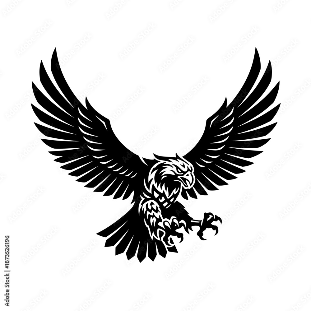 Fototapeta premium Powerful black and white eagle mascot in flight with wings spread and talons extended, detailed graphic illustration.