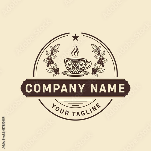 Vintage Coffee Cup Emblem with Coffee Beans and Leaves.