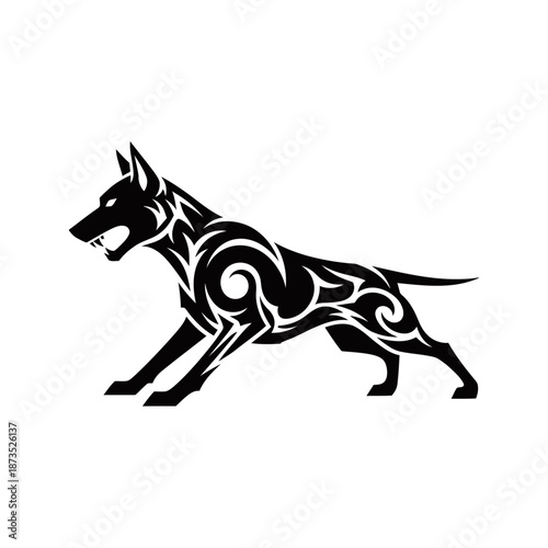 A fierce black tribal dog silhouette with sharp teeth bared and a menacing stance.
