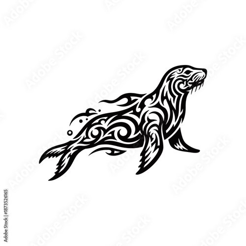 Black and white tribal tattoo design of a swimming seal or sea lion with intricate swirling patterns.
