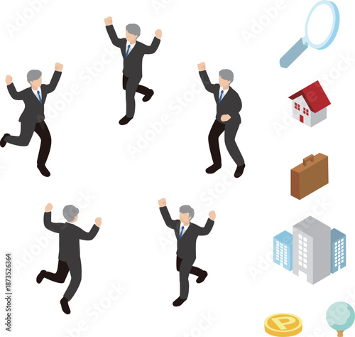 Isometric Businessman Illustration Set. Joyful Characters Celebrating Success with Business and Real Estate Icons