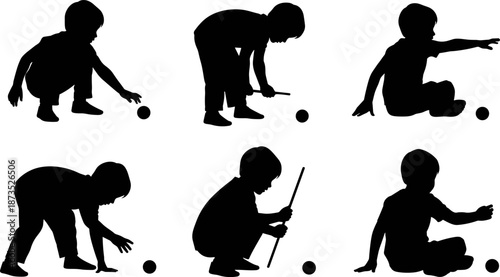 Child silhouettes playing with ball, kid activity poses collection, toddler movement stages, minimal black vector illustration for education and childhood concepts