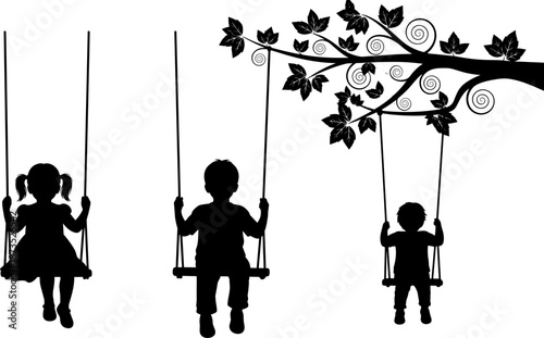 Children on swings silhouette, tree branch with leaves, playful kids, outdoor activity, childhood joy, black vector art, peaceful nature scene