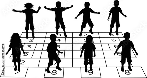 Children playing hopscotch, silhouette vector, educational activity, outdoor fun, numbered grid, childhood game, physical movement, black illustration, school playground, active kids
