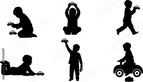 Children playing with toy cars silhouettes set, kids activities and imagination scenes, black vector illustration for childhood, playtime, toys, education concepts