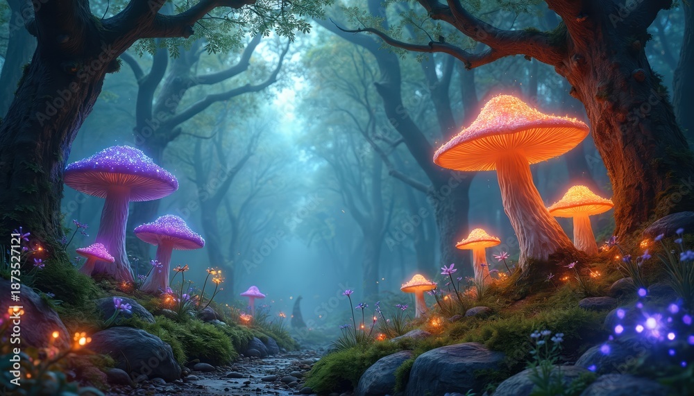 Fototapeta premium Magical forest illustration glowing mushrooms. Surreal landscape fantasy theme with enchanted atmosphere. Mystic fairy tale scene with vibrant colors creates dreamy art. Fantasy nature scene with