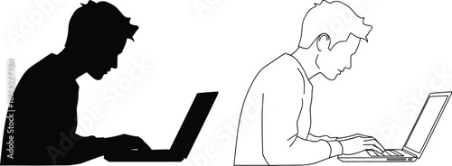 Black Silhouette and Thin Line Art Vector Illustration of a Young Man Working on a Laptop Computer Side View Isolated on White, cad drawing flat vector illustration