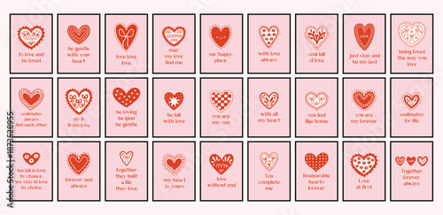 Vector big set of romantic cards with decorative hearts and handwritten love quotes. Cute Valentine designs in soft pink and red, perfect for greeting cards, prints, and gifts.