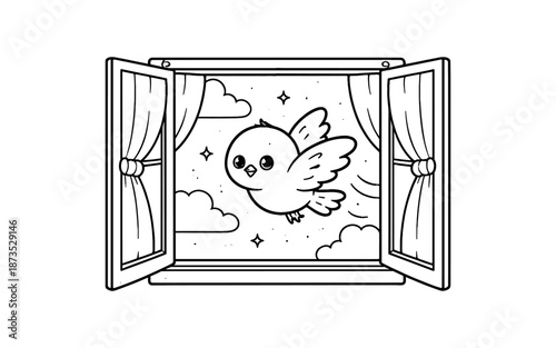 Cute cartoon bird flying outside an open window at night with stars and clouds