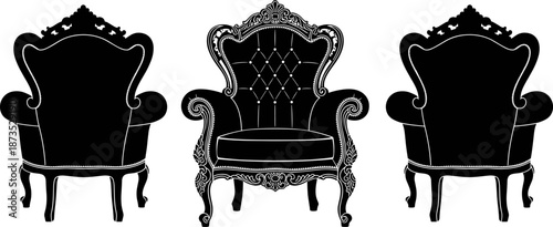 Classic ornate armchair vector illustration, vintage baroque royal furniture silhouette, elegant Victorian throne chair set, luxury upholstery design, isolated black decorative seating