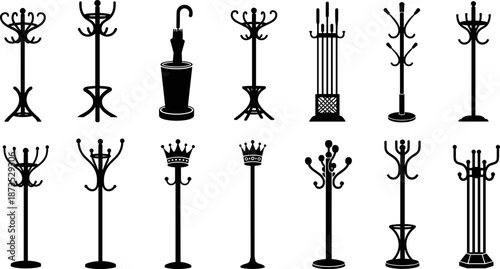 Coat rack silhouette vector set, umbrella stand and hat tree designs, black and white furniture icons collection for interior, office, home decoration graphics
