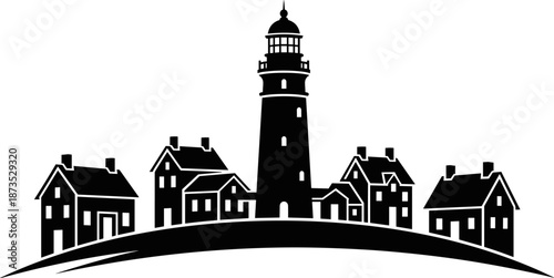 Coastal lighthouse village silhouette vector illustration, seaside town houses skyline, maritime navigation landmark, nautical safety concept, minimal black icon, isolated background