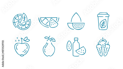 Healthy Hydration & Food Icons. Flat icon set of 8 minimal vector symbols featuring water, smoothies, fruits, and grains—clean layout for nutrition, hydration, and wellness visuals.