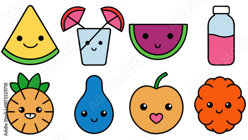 Healthy Hydration & Food Icons. Flat icon set of 8 minimal vector symbols featuring water, smoothies, fruits, and grains—clean layout for nutrition, hydration, and wellness visuals.