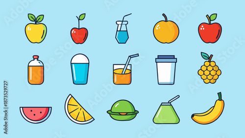Healthy Hydration & Food Icons. Flat icon set of 15 minimal vector symbols featuring water, smoothies, fruits, and grains—clean layout for nutrition, hydration, and wellness visuals.