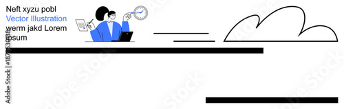 Data analysis, cloud storage, digital communication, business organization, workflow, document sharing. A businesswoman with a laptop pointing at data and a cloud icon. Data analysis and cloud