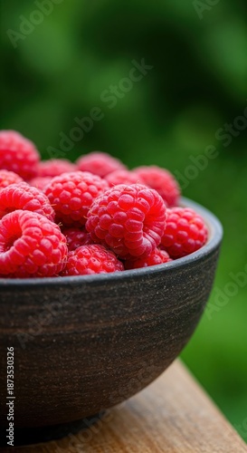 Fresh, ripe red raspberries overflow from a dark textured ceramic bowl, resting on a rustic wooden surface against a soft blurred green garden background.