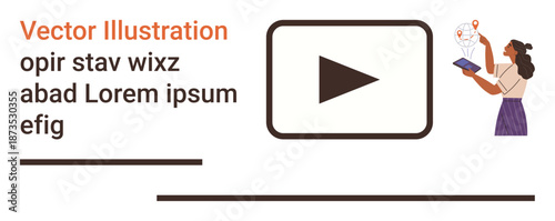 Online learning, data presentation, media streaming, animation design, technology, innovation. A woman holds a tablet with data graphics beside a play button icon. Online learning and data