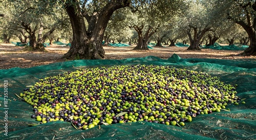 A generous heap of freshly harvested green and black olives lies on a green net in a sunlit olive grove, symbolizing the rich bounty of Mediterranean agriculture.