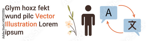 Communication, translation, multilingual learning, language services, global interaction, cultural exchange. Person icon and speech bubbles with letters. Communication and translation concept