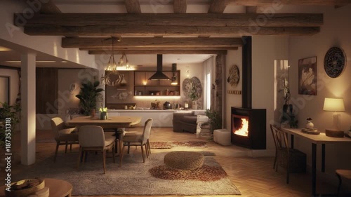 Camera gently rises from cozy sofa revealing warm inviting open concept living interior modern home