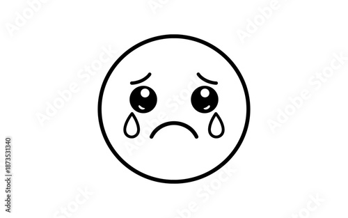 Sad crying emoji face with tears, simple line art illustration