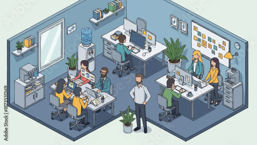 Modern office space with employees working at desks and computers.