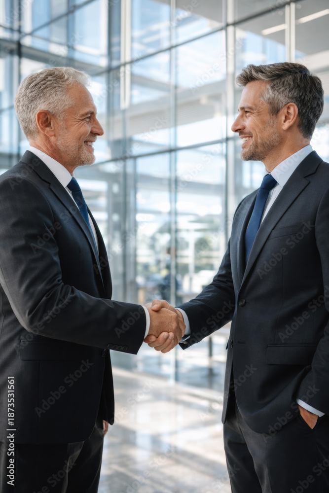 Fototapeta premium Two businessmen shaking hands in a modern office space