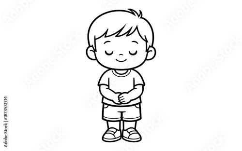 Cute cartoon boy with eyes closed and hands clasped in front of him