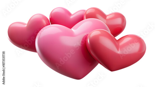 Bubble Gum Pink 3D Hearts. Joyful bubble-gum pink 3D hearts bouncing lightly, playful Valentine concept ideal for social media ads, romantic promotions, and festive campaigns.