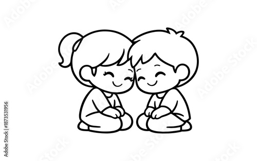Cute cartoon children sitting together with heads touching and smiling happily