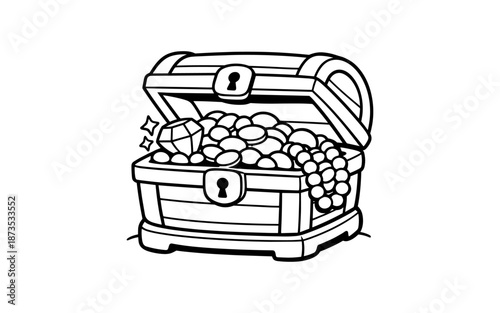 Open treasure chest overflowing with gold coins, a diamond, and pearls